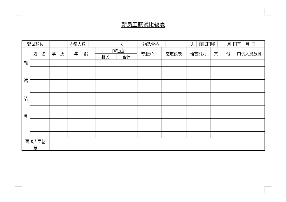 新员工甄试比较表